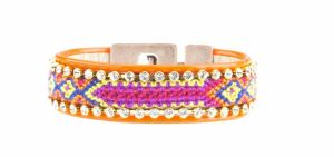 The trendy Bibi Bijoux Bette Leather & Woven Fabric Crystal Cuff features an Aztec print with orange trim.